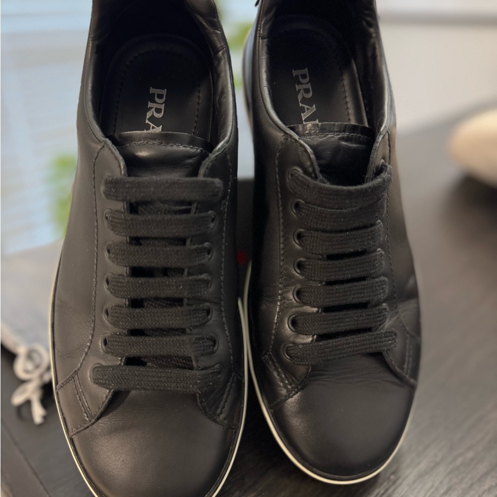 Prada Black Leather Low-Top Sneakers with Cream Sole - Picture 3 of 10